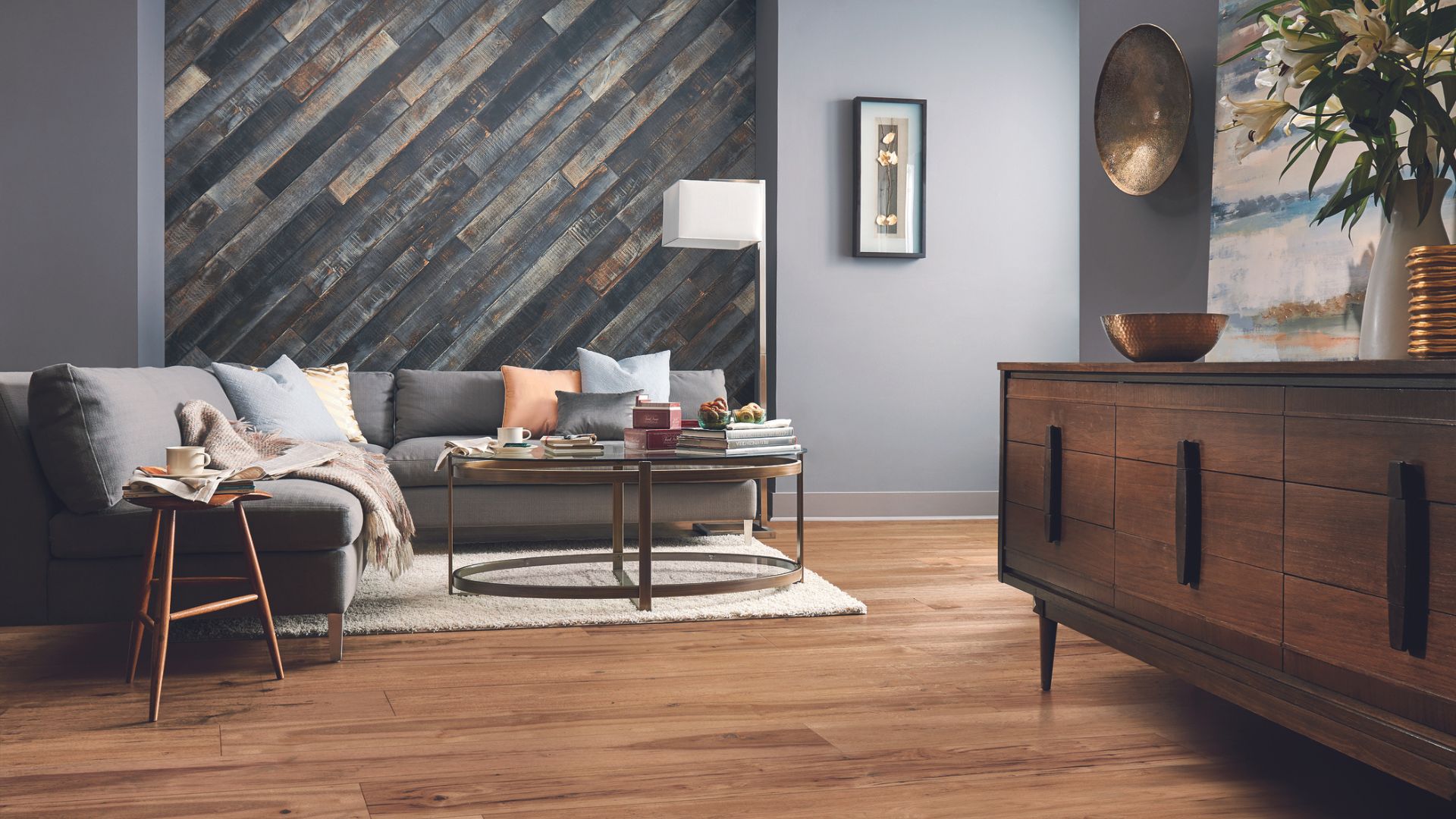 Hardwood flooring in a living room.